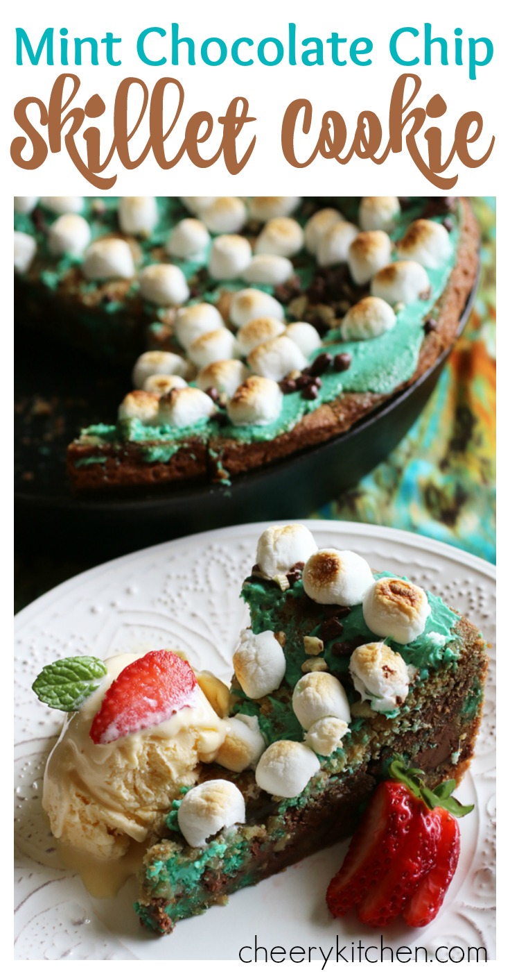 Mint Chocolate Chip Skillet Cookie is seriously one of the best desserts ever. It's chewy, minty, and chocolaty and over the top fabulous with a scoop of ice cream! | cheerykitchen.com