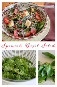 Light, fresh, Spinach Basil Salad is so full of flavor, it stands on it's own or is a lovely bed for grilled salmon or chicken.