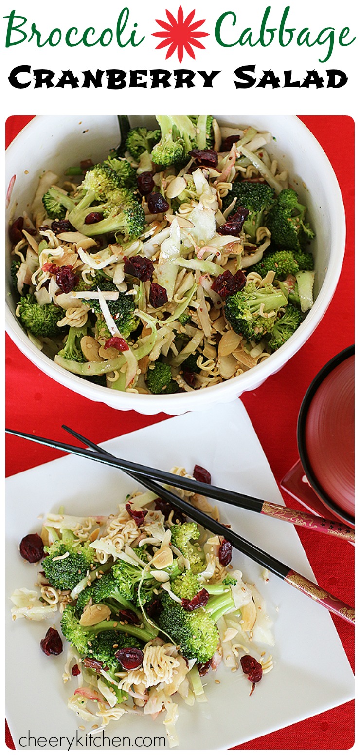 Crunchy and bright, Broccoli Cabbage Cranberry Salad, is full of fresh veggies, craisins, ramen noodles, sesame seeds, and almonds. Toss with a delicious sesame dressing for a sweet and savory, soon to be favorite treat!