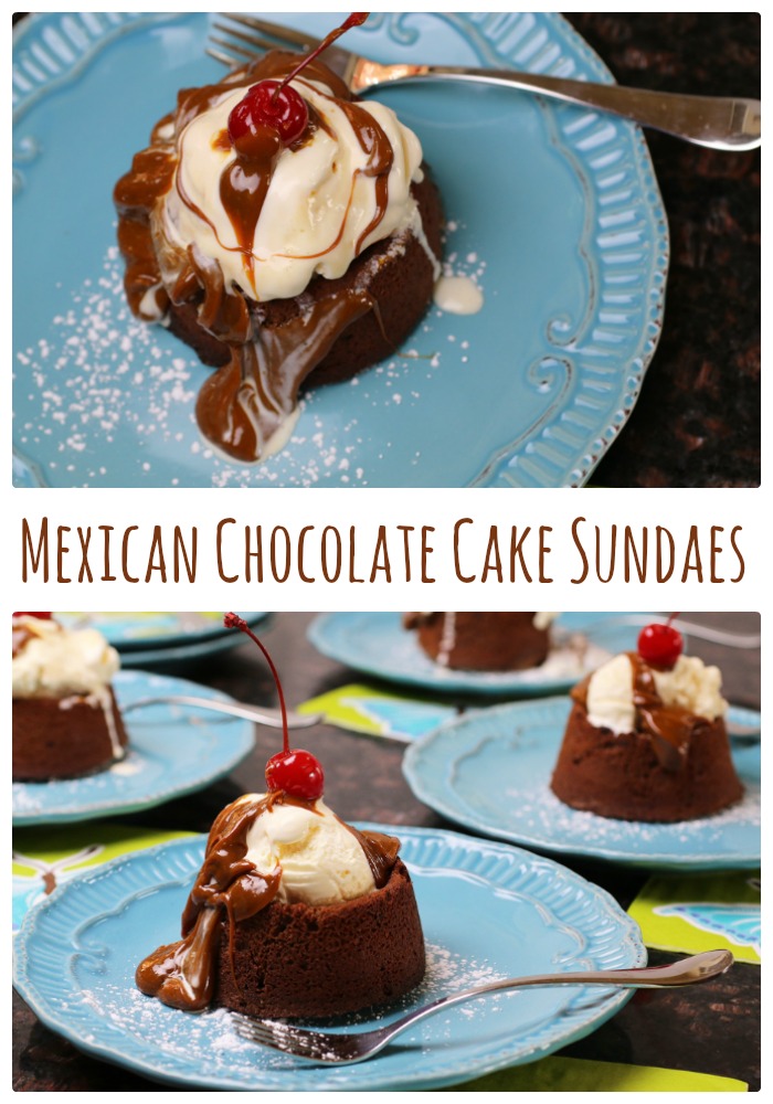 Mexican Chocolate Cake Sundaes are little cakey nests that are just waiting for a scoop of ice cream and a swirl of dulce de leche with a cherry on top. You're going to love a hint of cinnamon and chile in the cakes, ole!