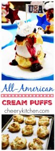 Celebrate summer with All-American Cream Puffs. Bake some up, add a scoop of frosty ice cream, drizzle with blueberry sauce, and add a dollop of cream, for a flag waving patriotic dessert everyone will cheer for!