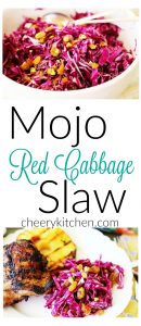 Latin inspired, fresh, citrusy, crunchy, healthy, and colorful, Mojo Red Cabbage Slaw is a great side dish for all of your summer parties and picnics.
