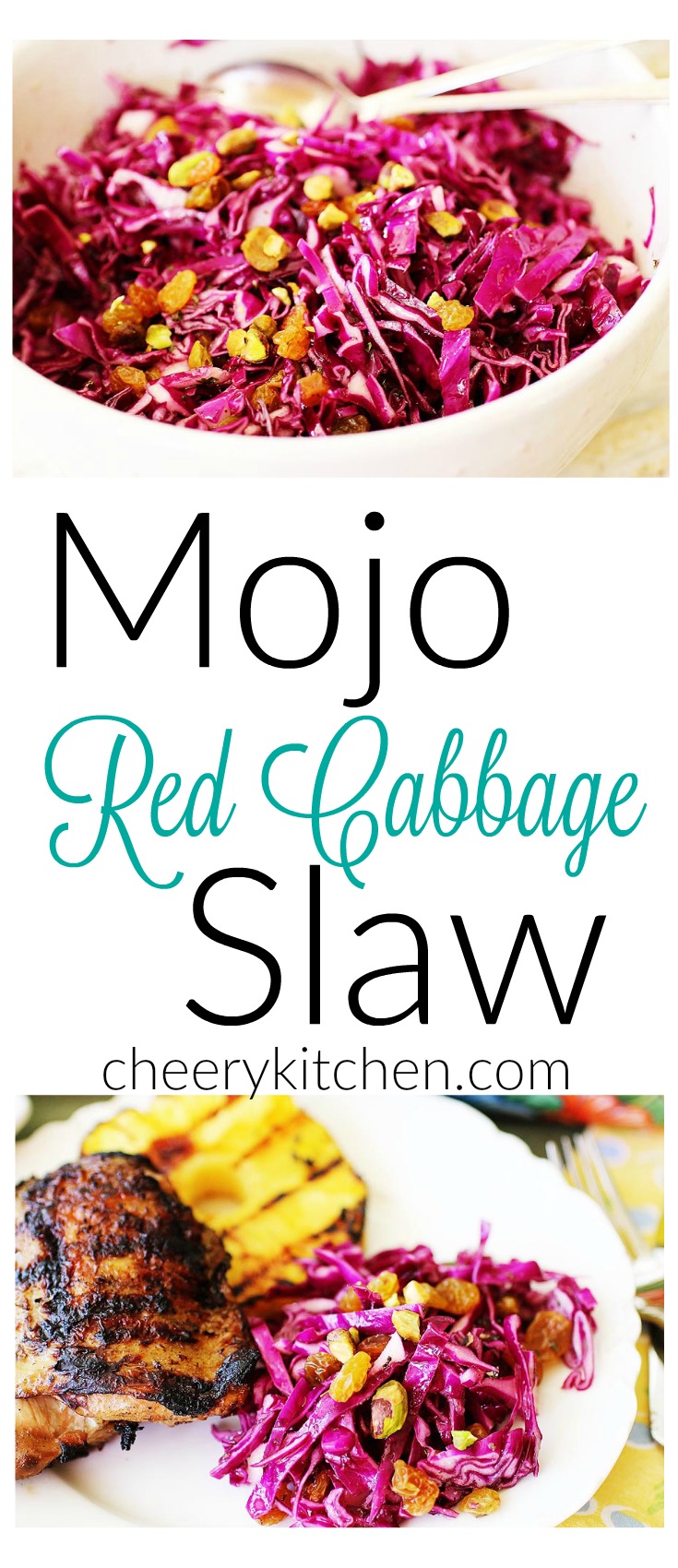 Latin inspired, fresh, crunchy, healthy, and colorful, Mojo Red Cabbage Slaw is a great side dish for all of your summer parties and picnics.
